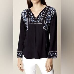 Karen Millen Embroidered Peasant Blouse Long Sleeves Tassel Detail Blue Size 6